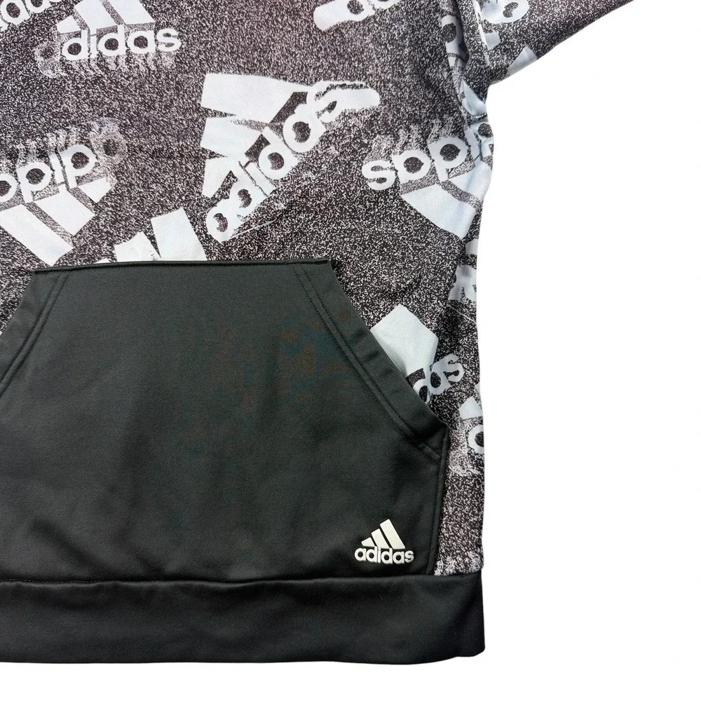 Adidas Boys Large 14/16 Pullover Hoodie Black White All Over Logo Print Sporty